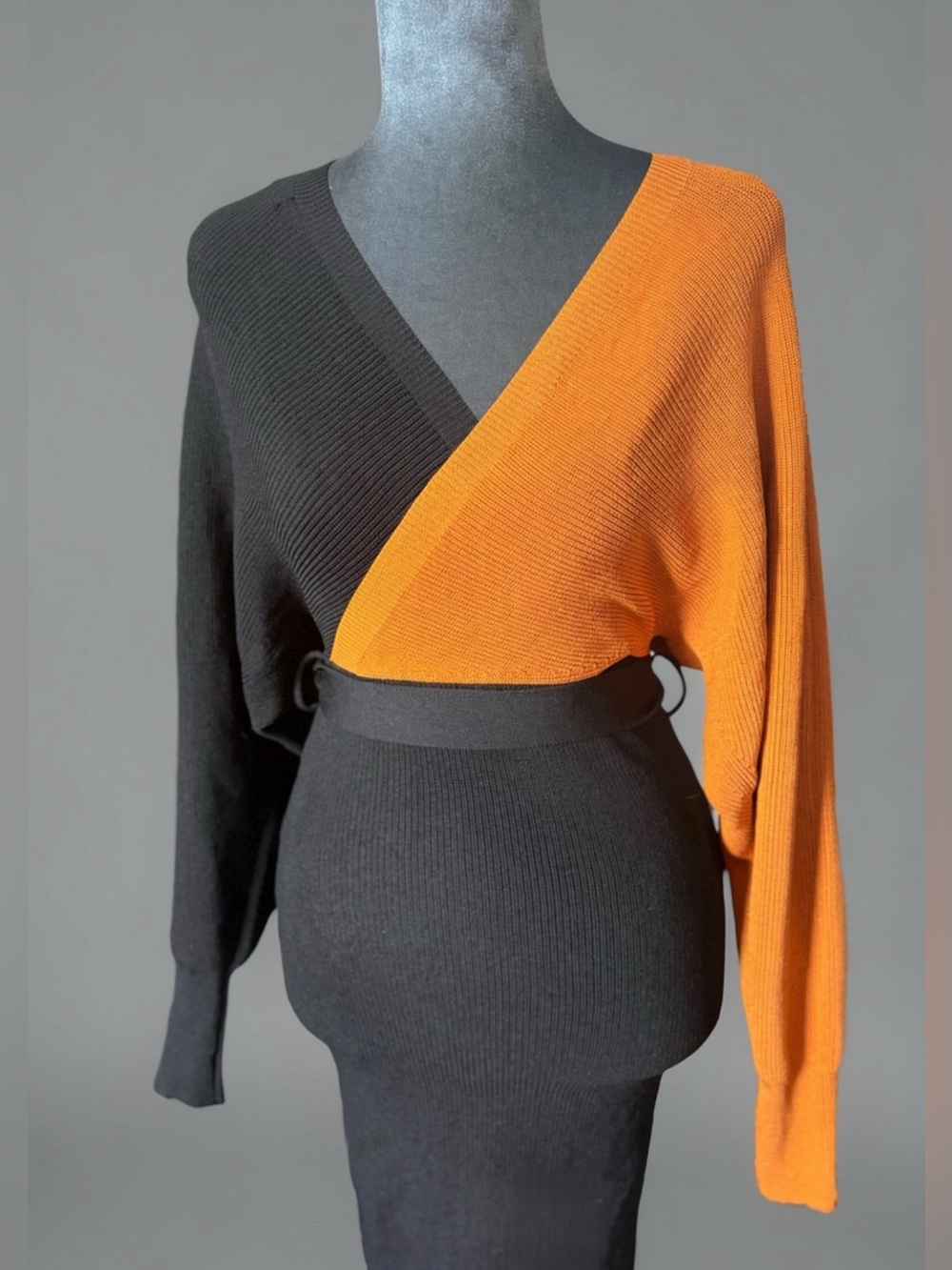 NWT BCBG Paris Colorblock Ribbed Sweater Wrap Mini Dress XS Black Orange